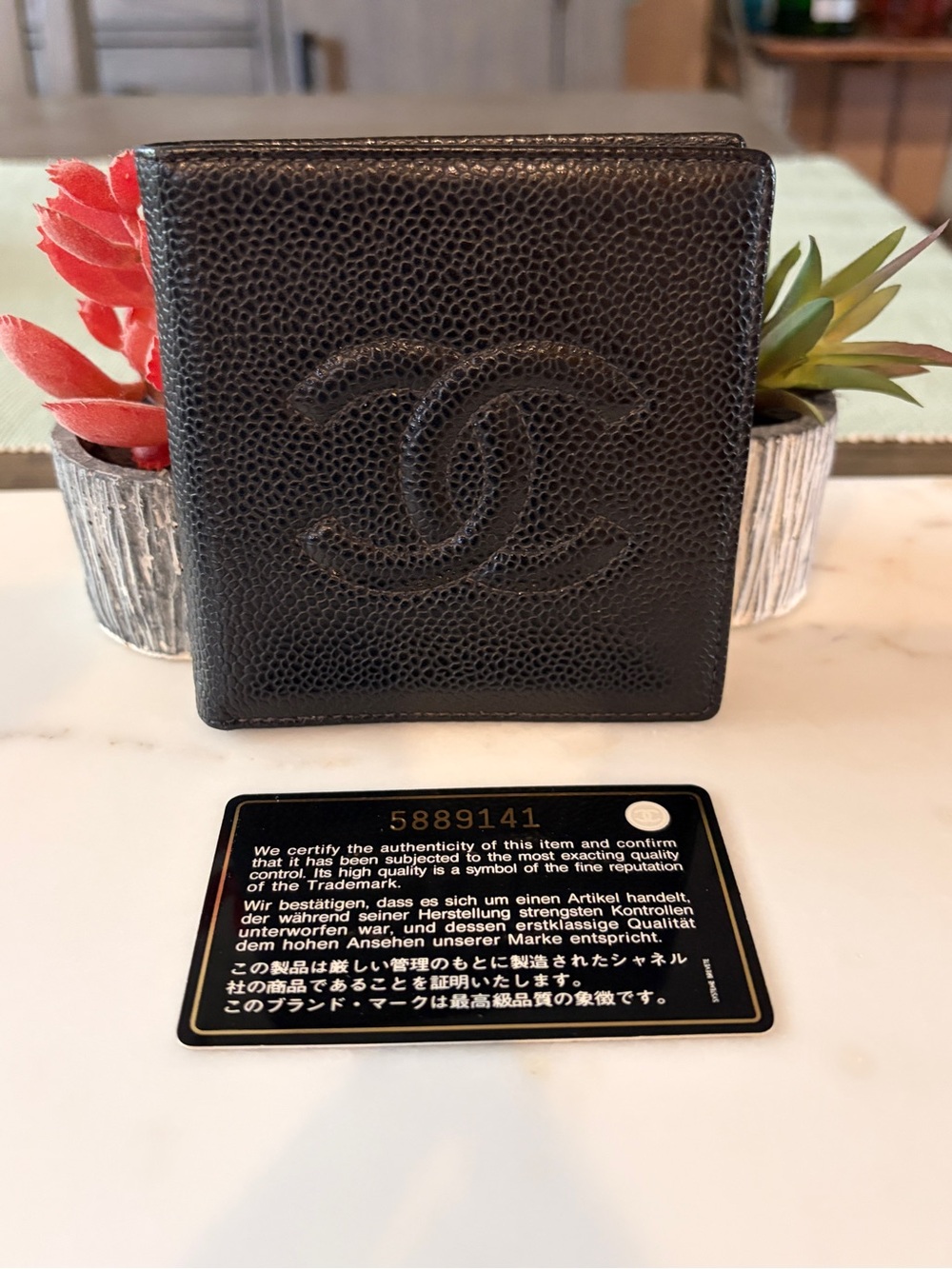 Authentic CHANEL Black Caviar Leather Compact Bifold Wallet with auth card